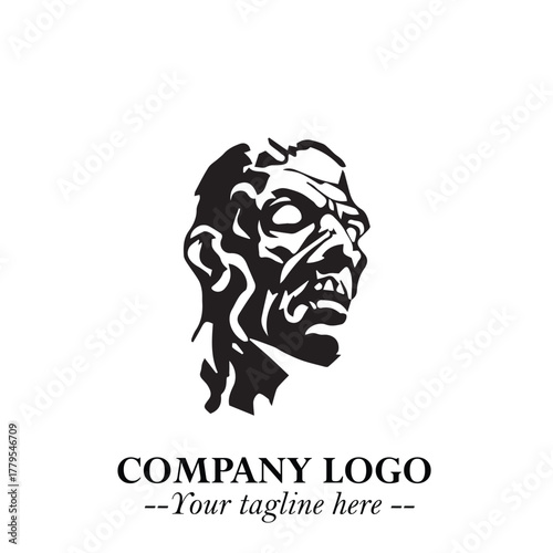 Head of Zombie Logo Symbol in Black on the White Background with Horror Minimal Vector Design