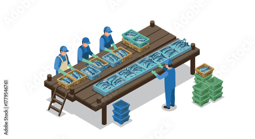 Seafood processing workers sorting fresh fish at a plant in isometric style