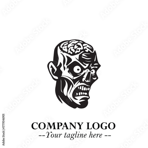 Head of Zombie Logo Symbol in Black on the White Background with Horror Minimal Vector Design