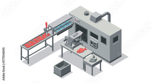 Isometric fish processing plant with conveyor and machinery for food production