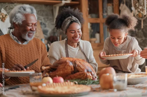 A friendly black family gathered at a Thanksgiving dinner. Grandpa cuts a baked turkey with a knife. There is a traditional pie on the table nearby.
