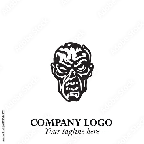 Head of Zombie Logo Symbol in Black on the White Background with Horror Minimal Vector Design