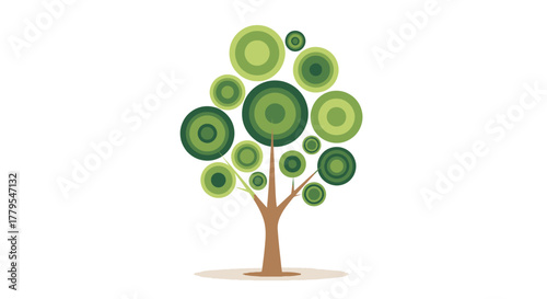 A stylized graphic illustration of a tree with a brown trunk and a canopy made of various green concentric circles on a white background.