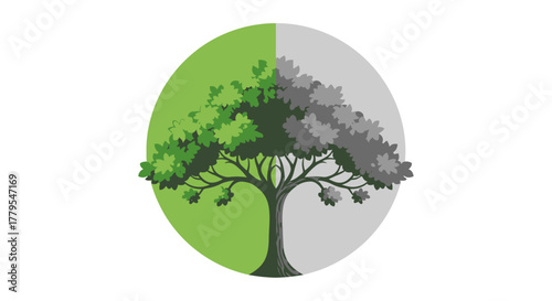 Illustration of a tree with one side green and the other gray, symbolizing environmental issues.