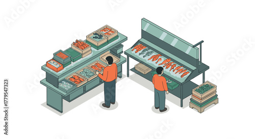 Isometric market scene fresh seafood and produce display with shoppers