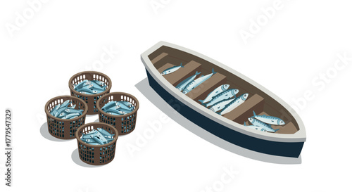 Isometric fishing boat with baskets of fish on white background