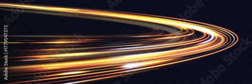 Glowing golden light trail, curved energy motion lines, abstract speed effect with dynamic swirl on dark transparent background.
