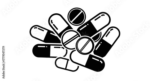 A black and white graphic illustration of a pile of assorted pills and capsules.