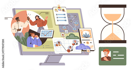 Computer screen with communication, charts, task boards, team photos, and hourglass illustrating efficiency, organization, teamwork, remote work time management planning and productivity. A simple