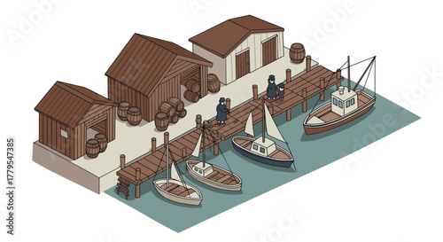 Isometric fishing harbor with boats and wooden dock in retro style
