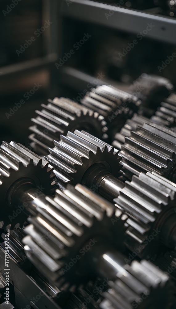 Naklejka premium Precision engineering reveals intricate metal textures on a meticulously aligned gear rack display