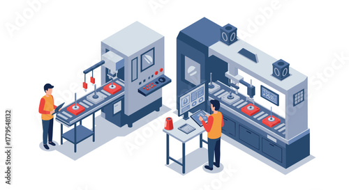 Modern isometric factory automation with engineers operating machinery