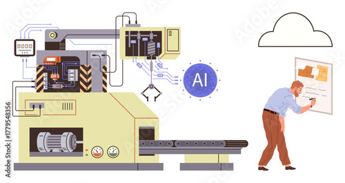 Robotic industrial system with conveyor, AI integration, engineer reviewing data on clipboard. Ideal for automation, AI technology, industry innovation, smart factories, engineering, data analysis