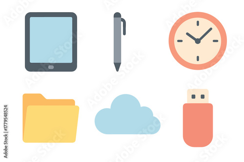 Essential office tools for productivity and organization. Set of 6 vector illustration