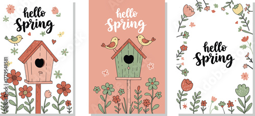 Hello Spring greeting card set, floral birdhouse illustration, seasonal nature design, cute birds and flowers, springtime vector art, decorative postcard template