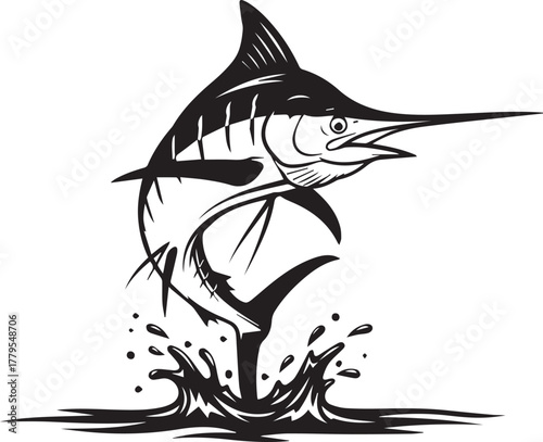 Dynamic marlin leaping from water splashes silhouette for fishing and sport