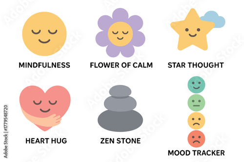 Mindfulness and emotions concepts for wellness and relaxation. Set of 6 vector illustration