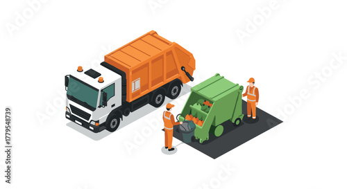 Isometric garbage truck and workers collecting trash in urban setting