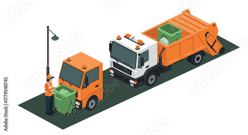 Waste management trucks in isometric style with worker collecting trash on street
