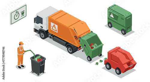 Isometric recycling process with garbage trucks and worker in uniform