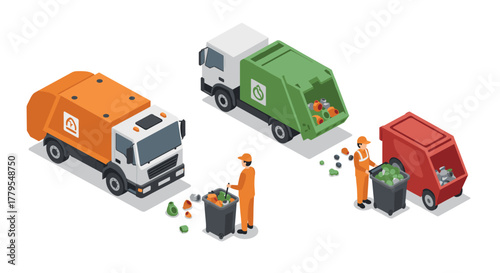 Waste management isometric design with garbage trucks and workers in action