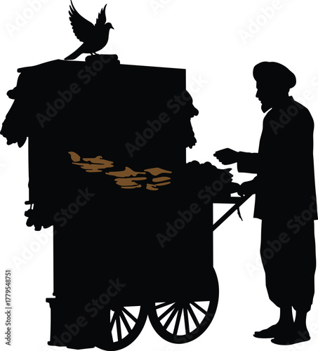 Street vendor silhouette, traditional food cart, South Asian culture, turban man, bird on cart, black vector, everyday life, marketplace scene