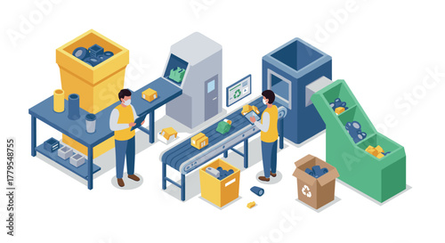 Isometric recycling facility with workers and machinery in action