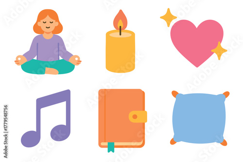 Relaxing moments for mindfulness and wellness at home. Set of 6 vector illustration