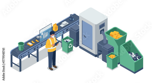 Isometric recycling factory with man using digital tablet in modern industrial setting