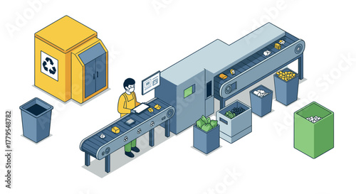 Isometric factory automation with conveyor belt and recycling stations