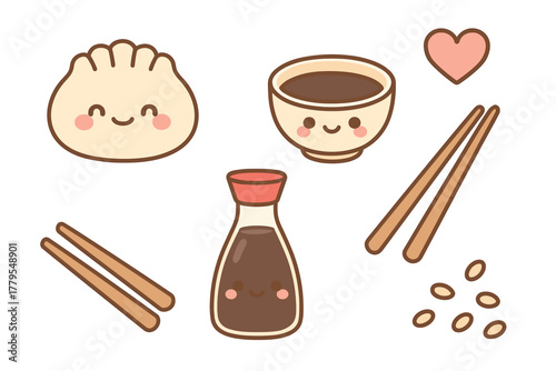 Cute dumplings and sauces with chopsticks for meal enjoyment. Set of 6 vector illustration