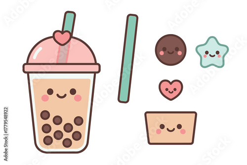 Cute bubble tea with playful toppings for fun designs. Set of 6 vector illustration