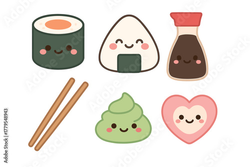 Cute sushi and condiments set for food lovers and design projects. Set of 6 vector illustration