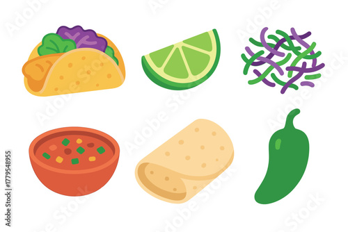 Delicious Mexican cuisine displayed in colorful graphic format. Set of 6 vector illustration
