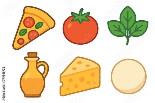 Ingredients for making a classic pizza. Set of 6 vector illustration