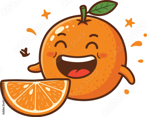 Cute orange fruit character, happy citrus mascot, juicy slice illustration, fresh vitamin C concept, healthy food cartoon, cheerful vector design