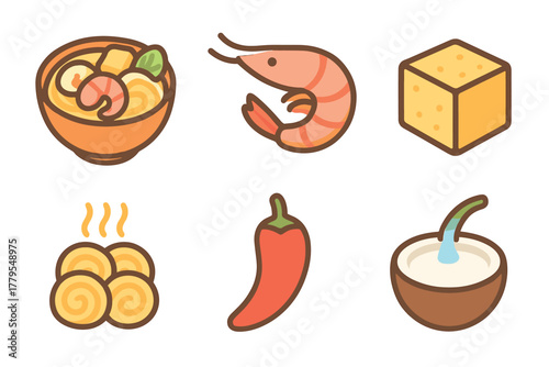 Delicious Asian cuisine ingredients for flavorful dishes and meals. Set of 6 vector illustration
