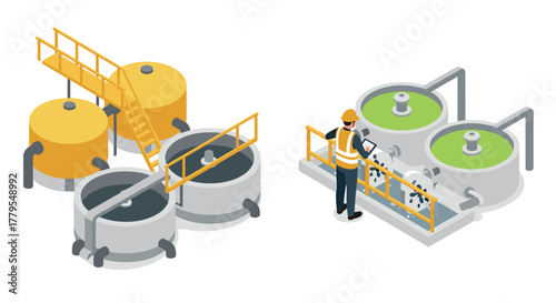 Isometric water treatment plant with worker inspecting industrial tanks