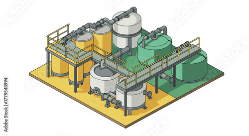 Industrial isometric factory tanks with pipes and platforms
