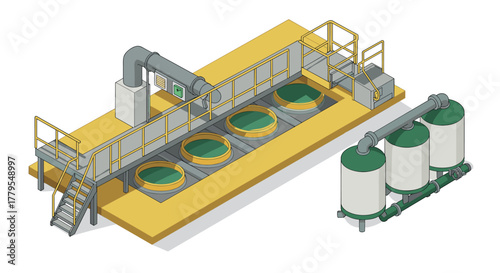 Isometric industrial water treatment plant design with storage tanks