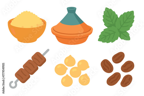 Key ingredients of traditional Moroccan cuisine. Set of 6 vector illustration