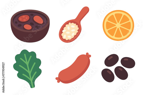 Colorful assortment of food items for creative culinary projects. Set of 6 vector illustration