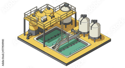 Isometric water treatment plant with filtration tanks and pipelines in industrial setting