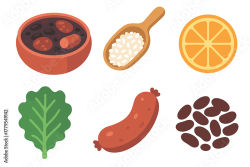 Colorful ingredients for healthy meal preparation and cooking. Set of 6 vector illustration