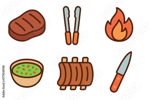 Grilling essentials for outdoor cooking and barbecue gatherings. Set of 6 vector illustration
