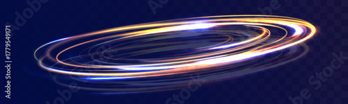 Glowing golden energy ring, swirling light trail, dynamic motion effect, abstract futuristic spiral on transparent background.
