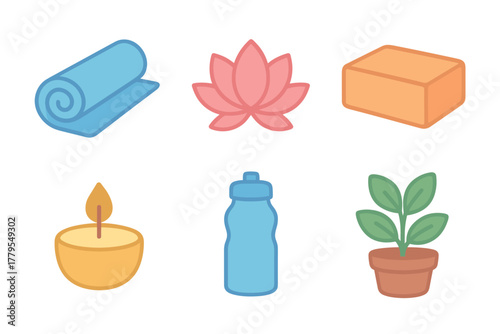 Yoga essentials for relaxation and wellness activities at home. Set of 6 vector illustration
