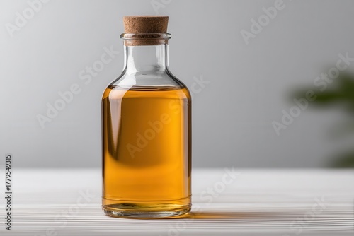 Wallpaper Mural Glass Bottle Filled With Golden Liquid and Closed With a Cork Stands on a White Wooden Surface Torontodigital.ca