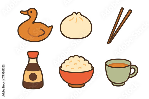 Delicious Asian cuisine with duck, rice, and tea for dining experience. Set of 6 vector illustration