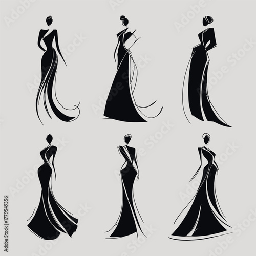 Set of six elegant minimalist fashion silhouettes of women in long evening dresses, hand-drawn vector for modern design and luxury branding
